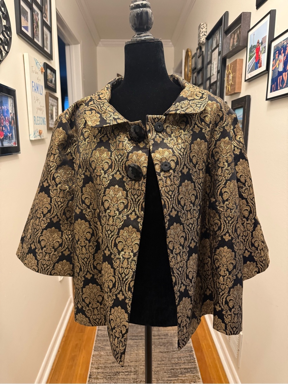 Michael Kors Black and Gold Damask Cape Shrug